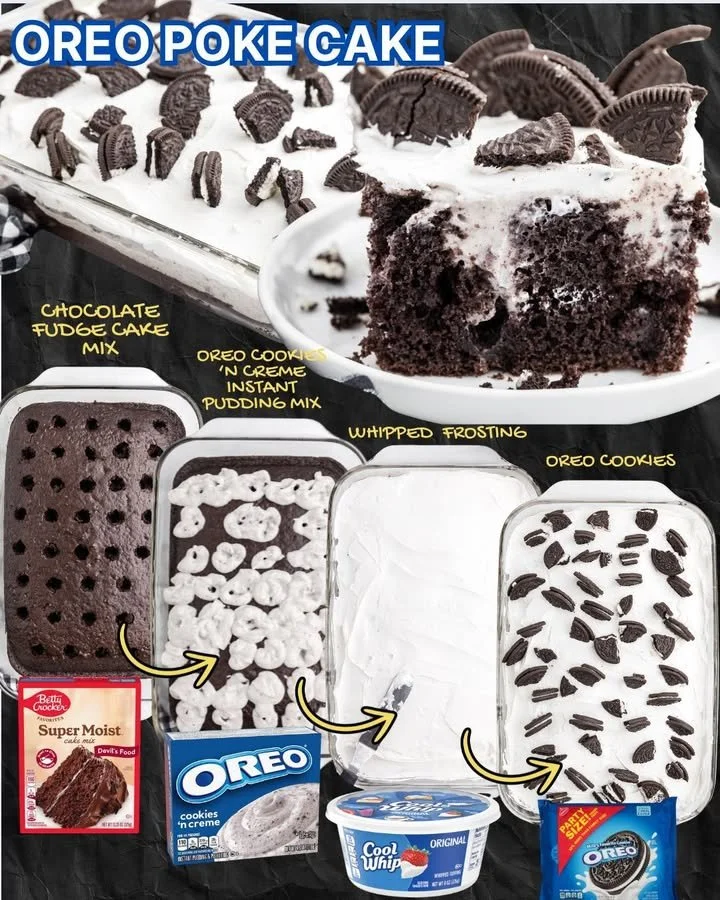 Delicious homemade Oreo Poke Cake topped with whipped cream and Oreo cookies