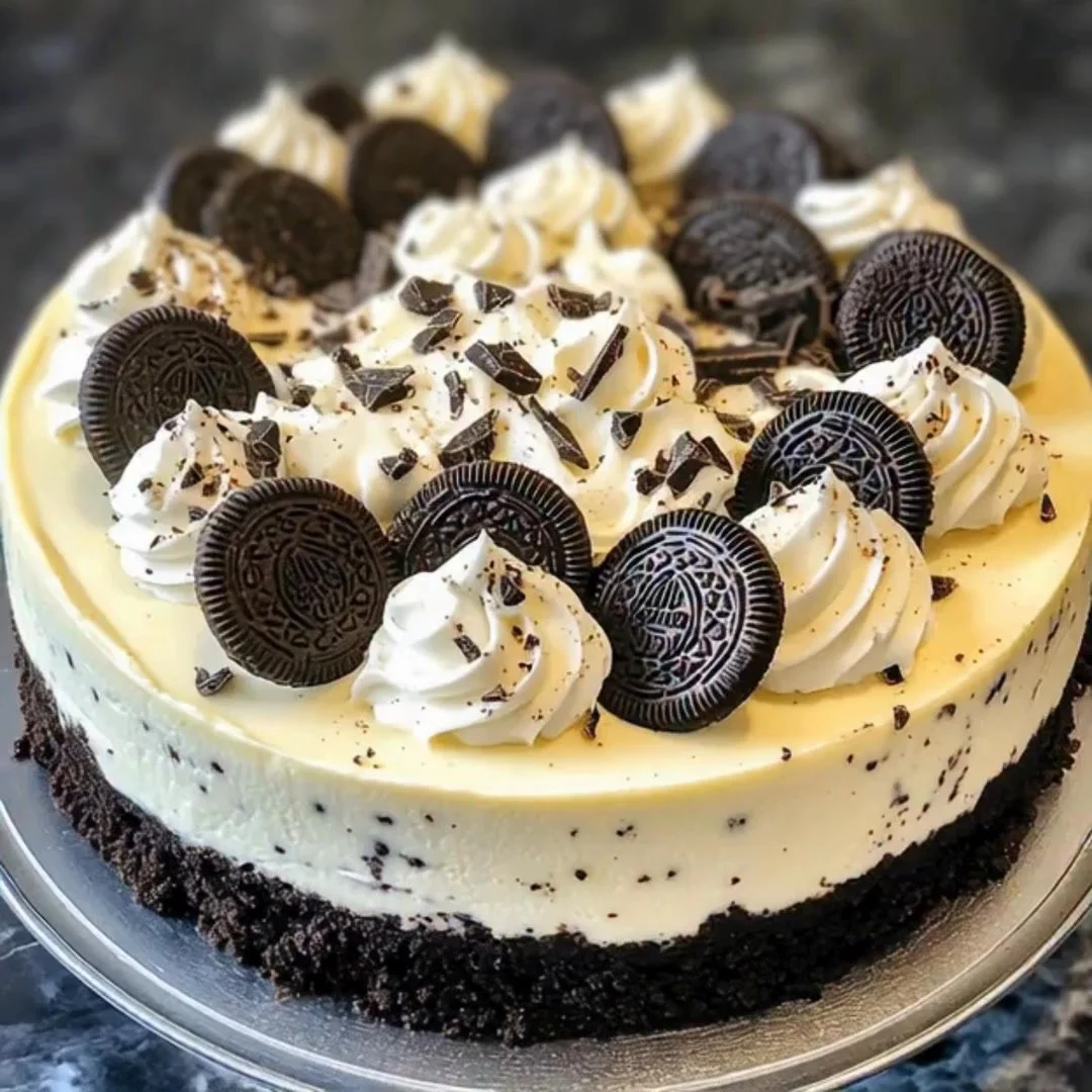 Slice of Oreo white chocolate cheesecake on a plate with Oreos