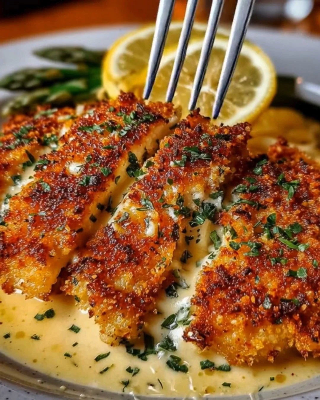 Delicious Parmesan Crusted Chicken on a plate with herbs and lemon slices