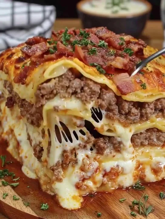 Parmesan Garlic Bacon Cheeseburger Lasagna served in a dish with layers of cheese and bacon