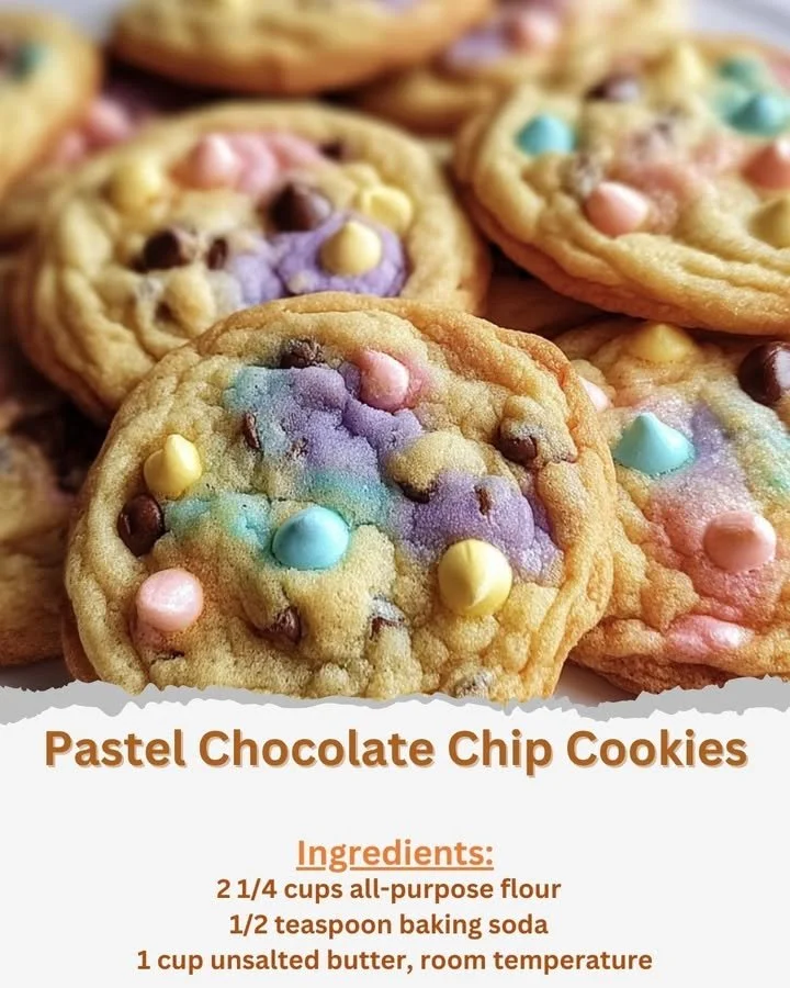 Pastel chocolate chip cookies with vibrant colors and chocolate chips baked to perfection.