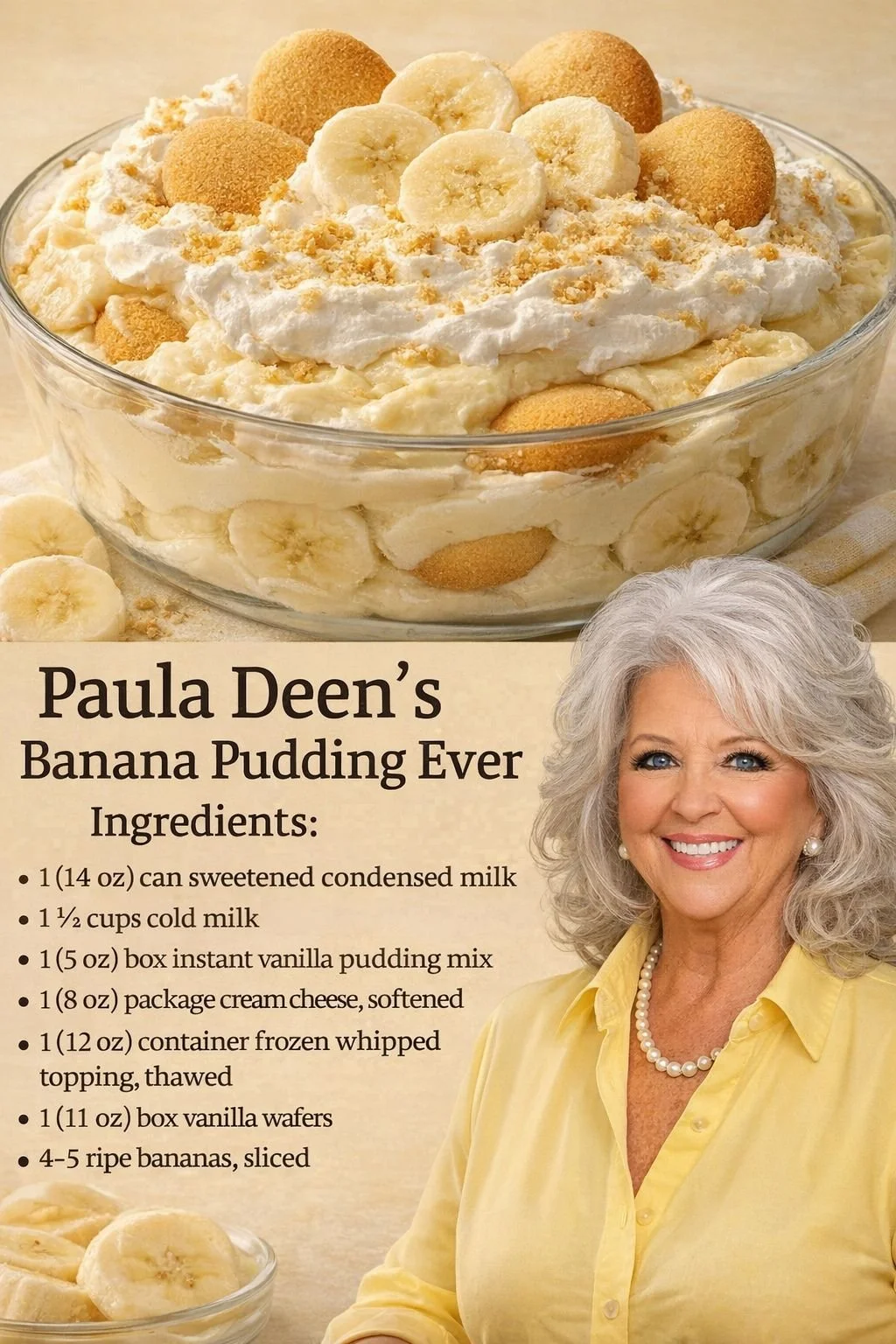 Delicious bowl of Paula Deen's homemade banana pudding dessert.