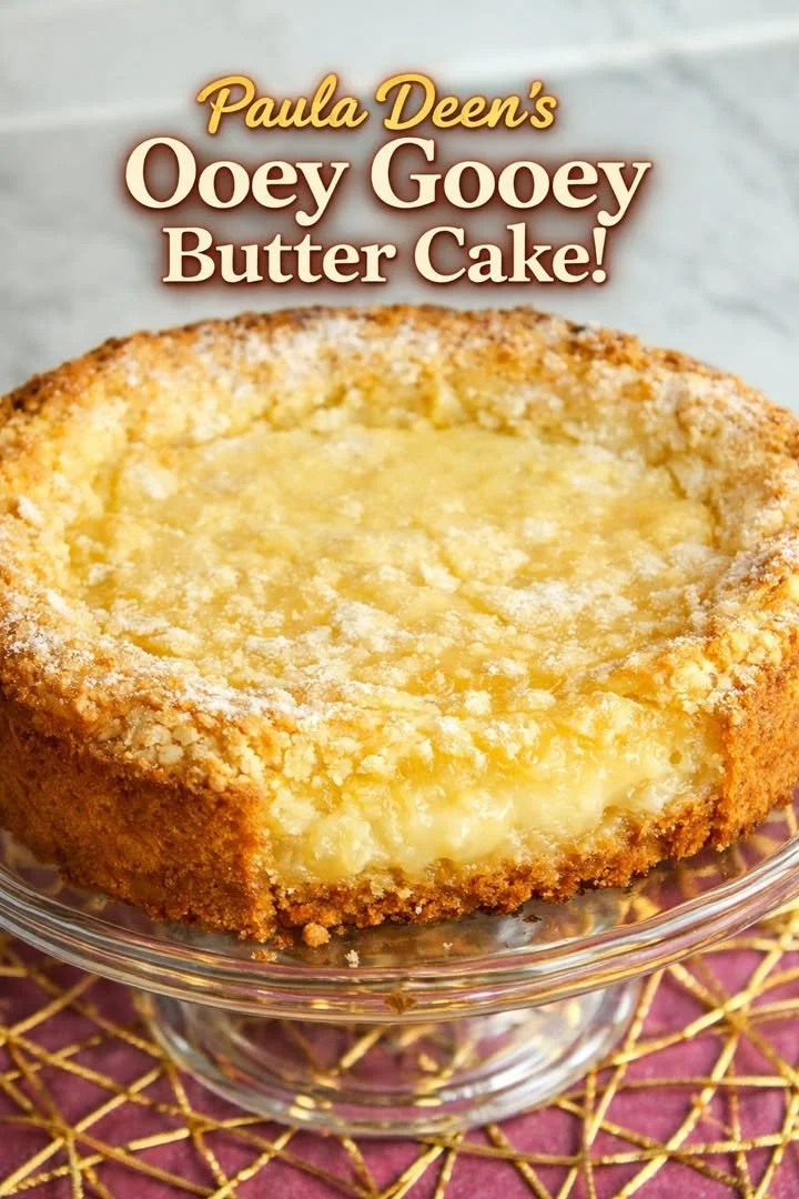Paula Deen's ooey gooey butter cake with creamy frosting and golden crust.