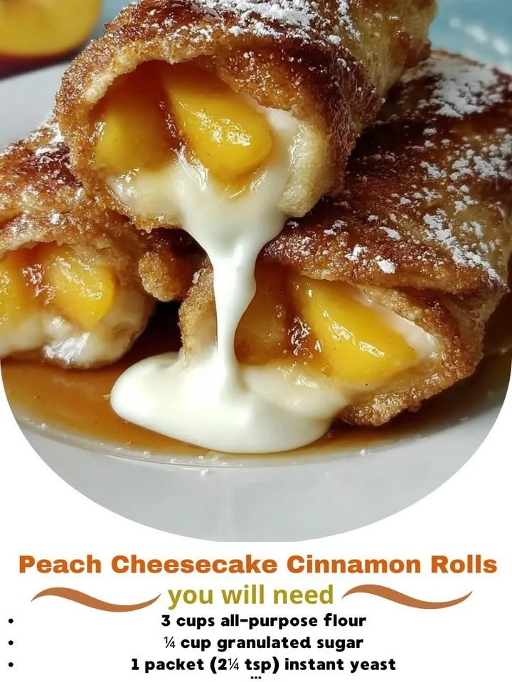 Peach Cheesecake Cinnamon Rolls topped with cream cheese frosting and fresh peaches.
