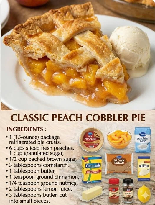 Delicious homemade peach cobbler served warm with a scoop of ice cream.