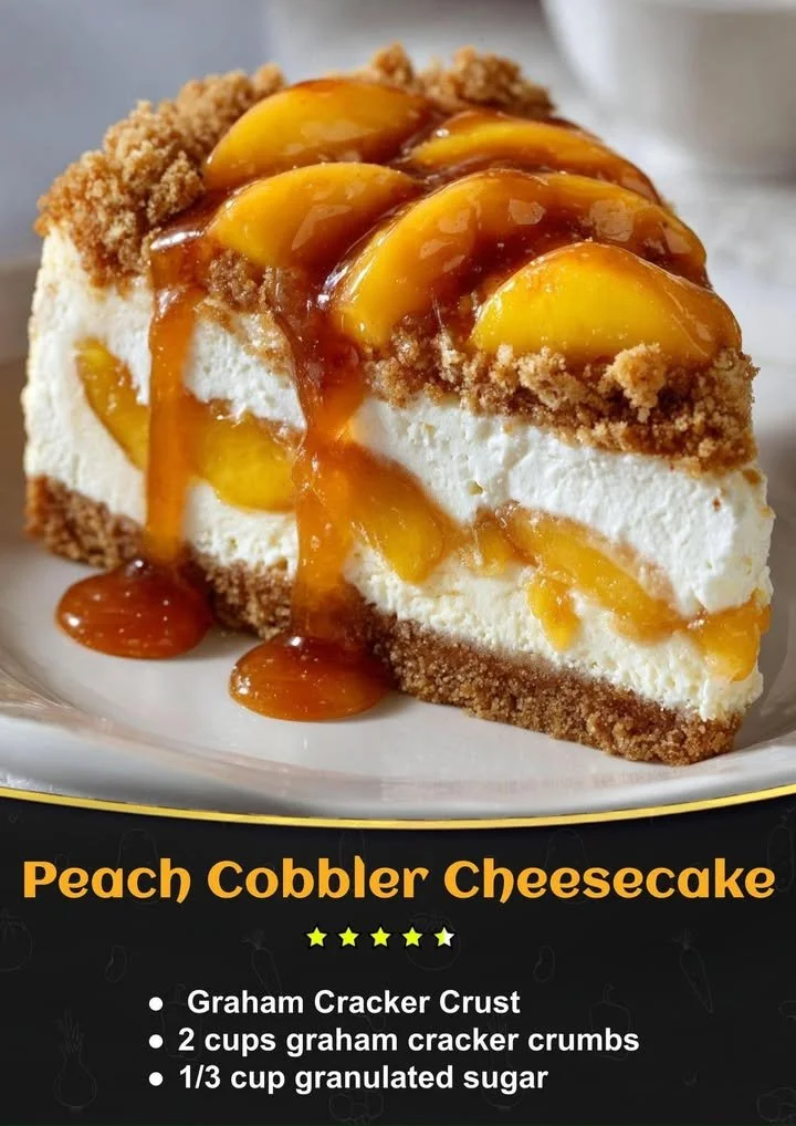 Slice of Peach Cobbler Cheesecake topped with peaches