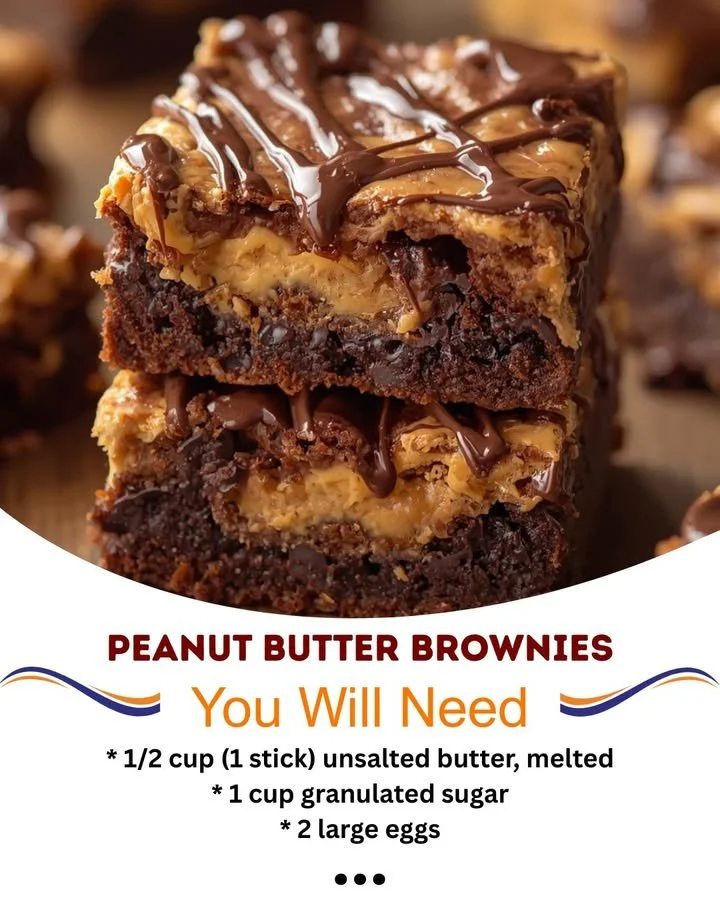 Deliciously rich peanut butter brownies on a wooden table with chocolate drizzle