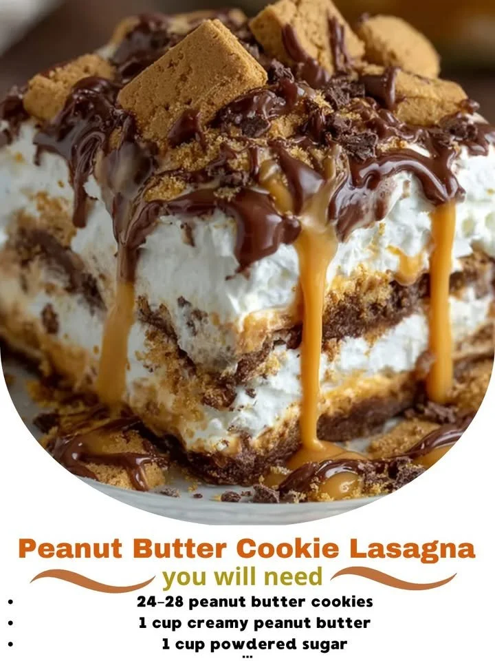 Layered Peanut Butter Cookie Lasagna dessert with creamy filling and chocolate topping