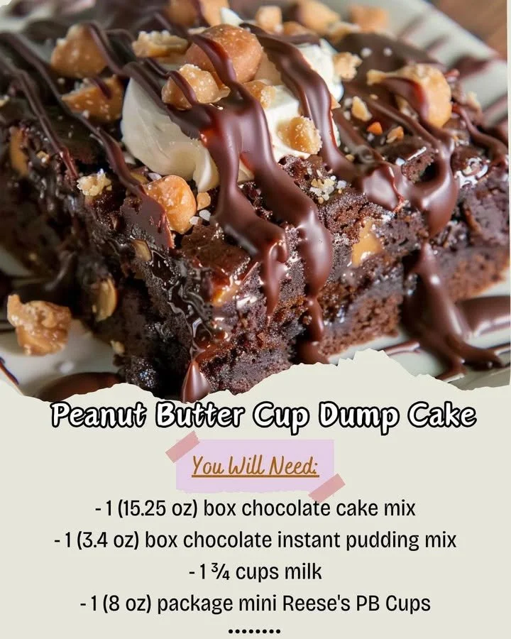 Delicious Peanut Butter Cup Dump Cake topped with chocolate and peanut butter