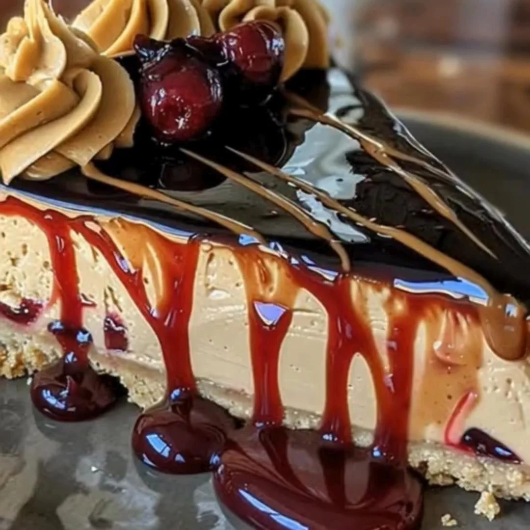 Delicious Peanut Butter & Jelly Cheesecake with a graham cracker crust and vibrant jelly topping.