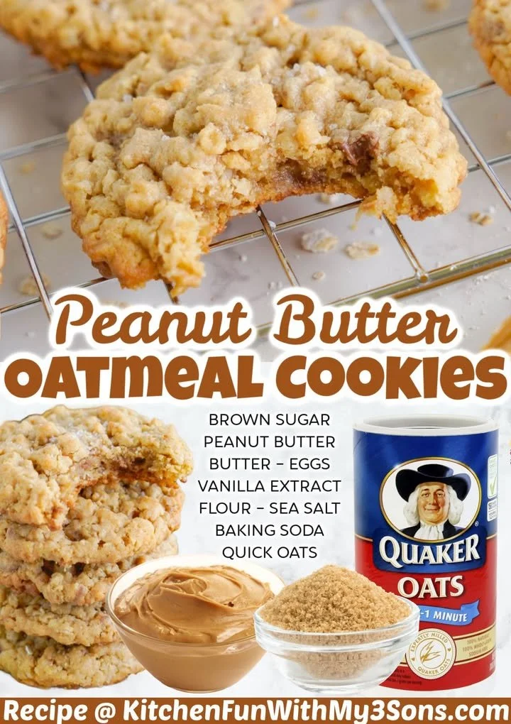 Delicious peanut butter oatmeal cookies on a plate with a glass of milk