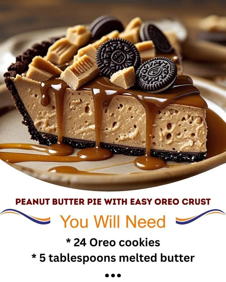 Delicious Peanut Butter Pie with Easy Oreo Crust served on a plate
