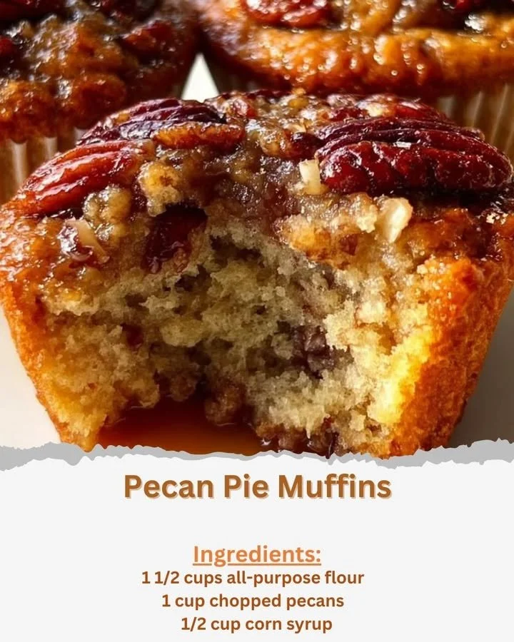 Delicious Pecan Pie Muffins topped with pecans and a caramel glaze