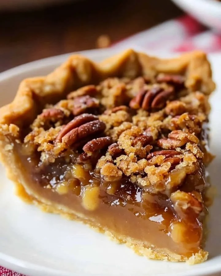 Delicious pecan pie with brown sugar, showcasing its rich filling and flaky crust.