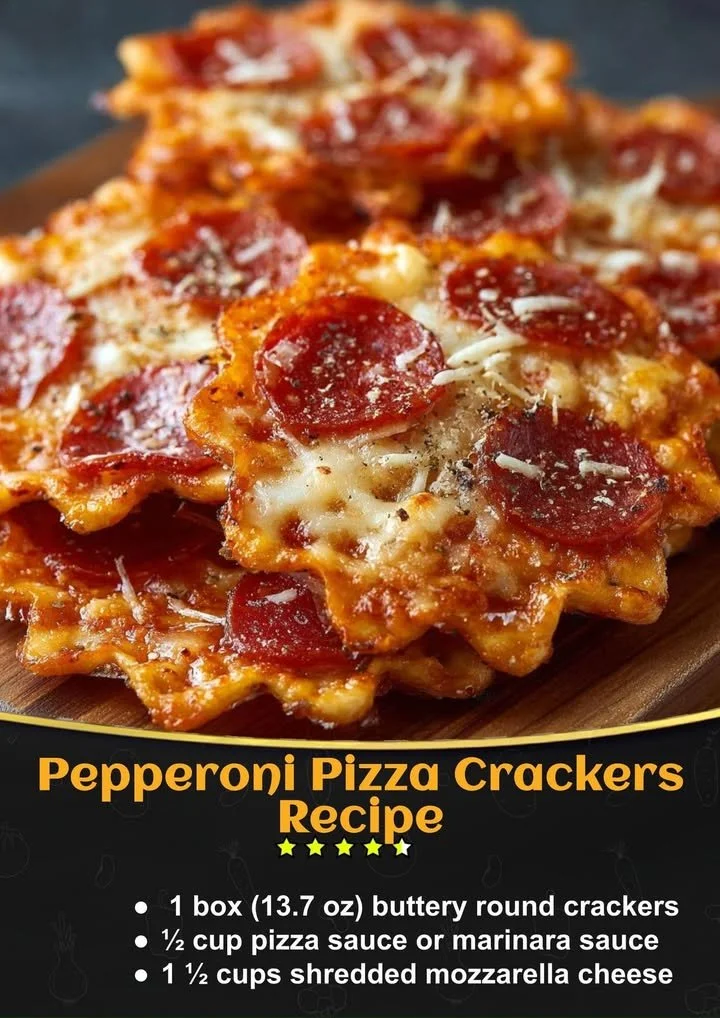 Pepperoni pizza crackers served on a rustic plate, garnished with herbs.