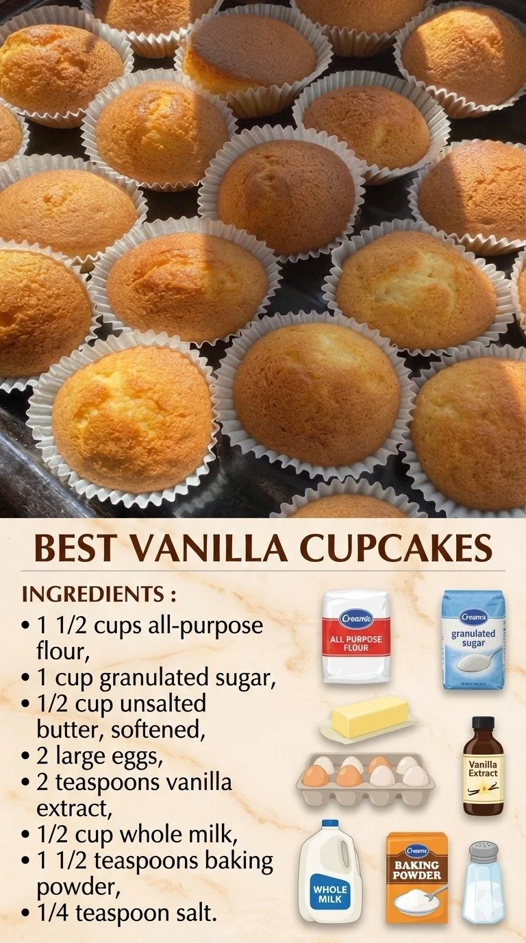 Delicious vanilla cupcakes topped with creamy frosting on a decorative plate.