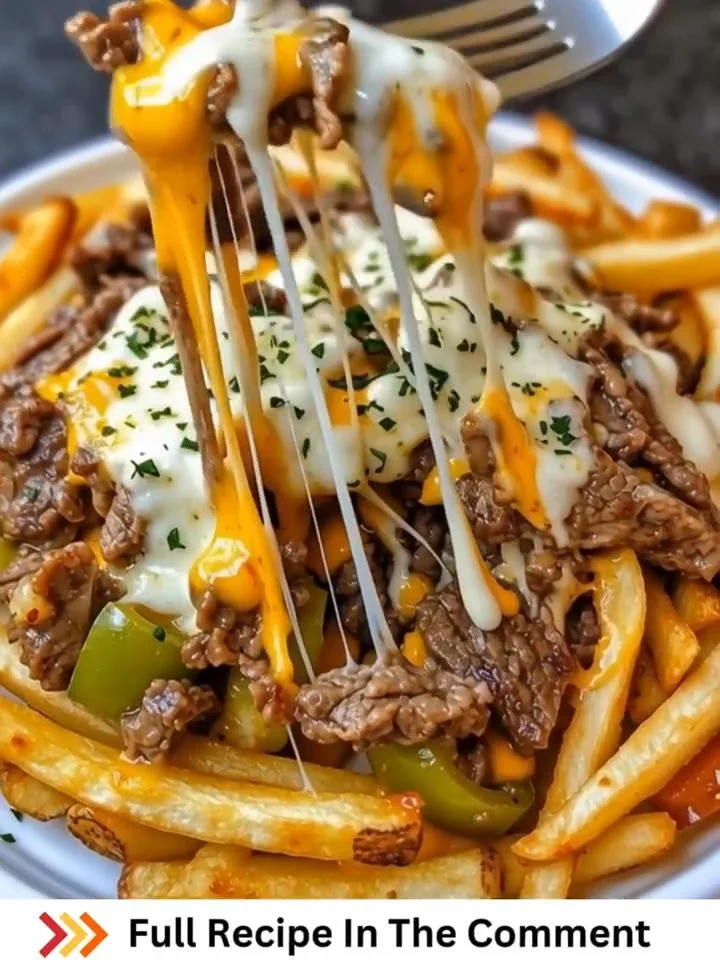 Plate of cheesy Philly Steak Fries topped with flavorful steak and melted cheese