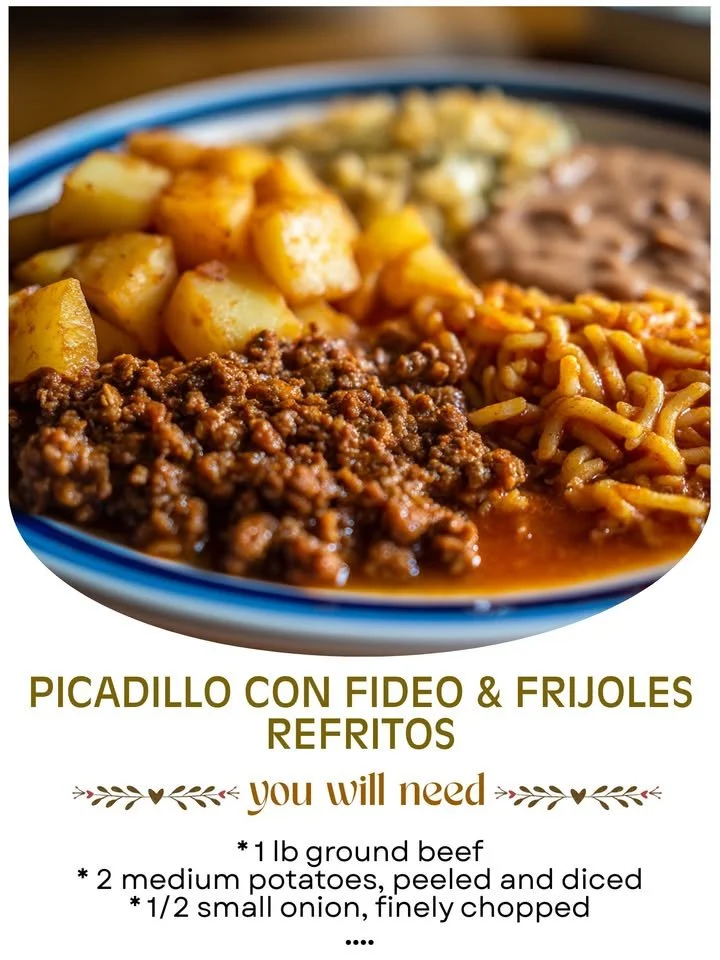 A hearty dish of picadillo served with noodles and refried beans.