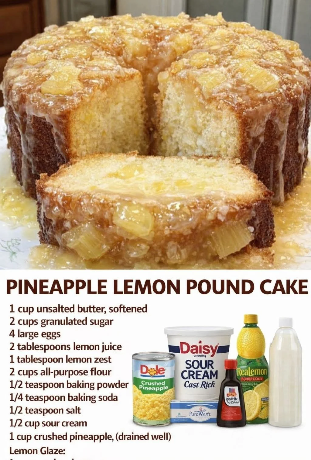 Slice of moist Pineapple Pound Cake on a white plate, garnished with pineapple slices.