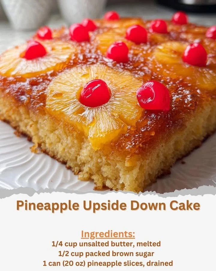 Delicious Pineapple Upside Down Cake topped with fresh pineapples and cherries
