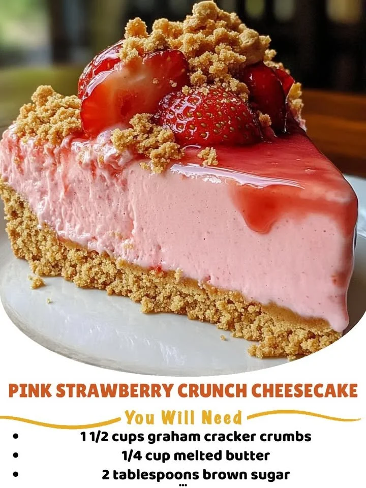 Pink Strawberry Crunch Cheesecake with creamy layers and strawberry topping