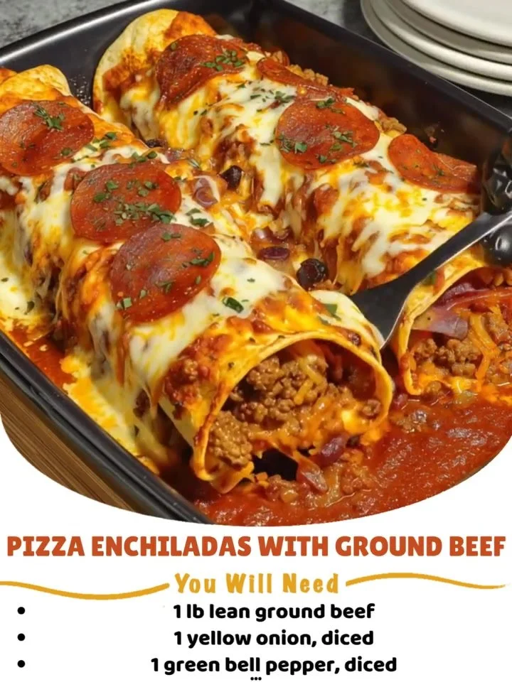 Delicious Pizza Enchiladas topped with ground beef and cheese.