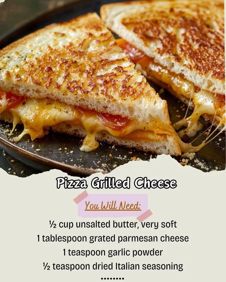 Delicious Pizza Grilled Cheese sandwich with melted cheese and pizza toppings