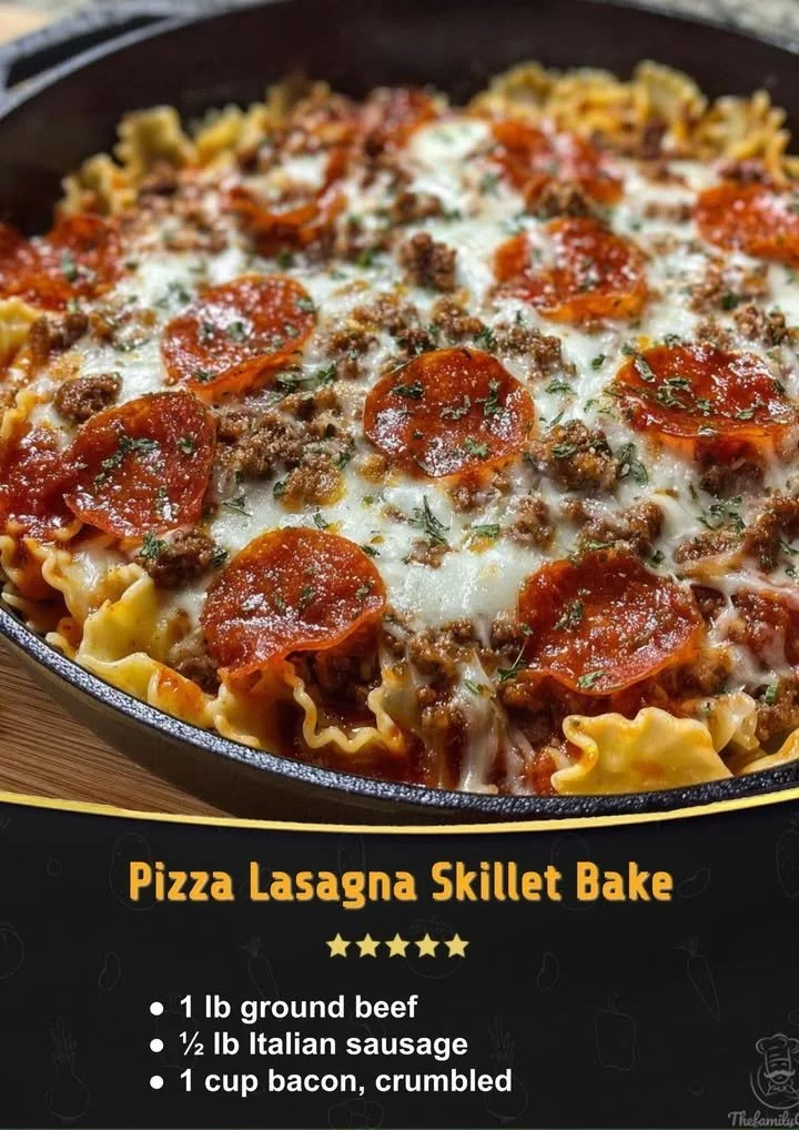 Delicious Pizza Lasagna Skillet Bake served in a cast iron skillet
