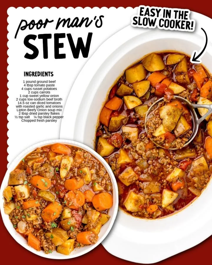 Bowl of Poor Man's Stew filled with vegetables and meat, a comforting dish.