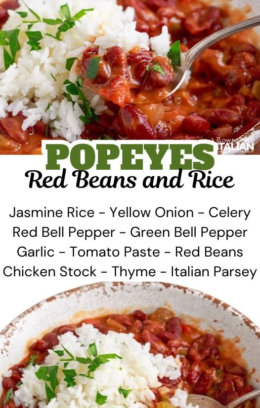 Delicious serving of Popeyes Red Beans and Rice topped with flavorful spices.