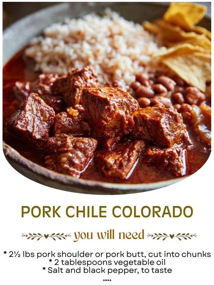 Delicious Pork Chile Colorado served in a bowl with fresh garnishes.