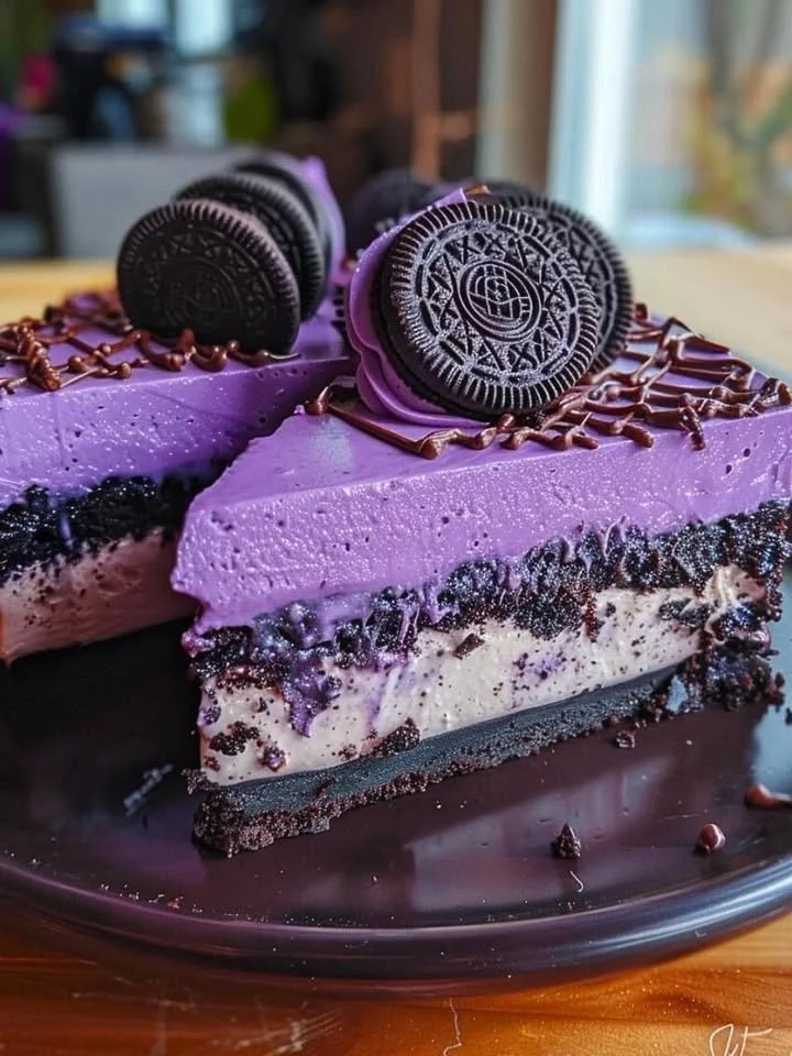 Purple Velvet Oreo Cheesecake topped with cream and Oreo crumbs