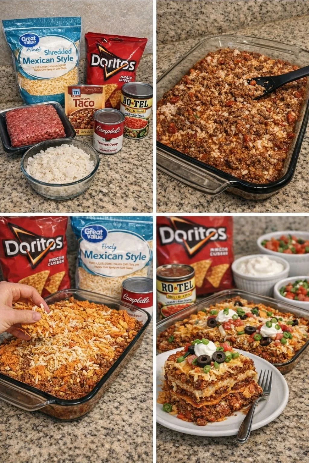 Delicious quick taco casserole served in a bright dish with toppings.