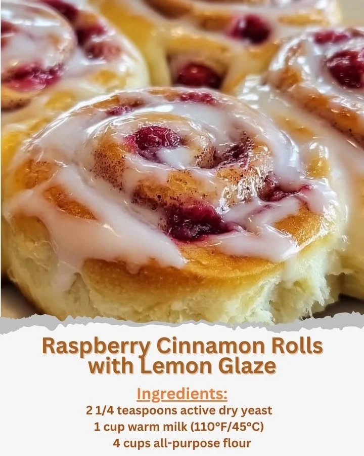 Delicious Raspberry Cinnamon Rolls with a drizzling of Lemon Glaze.