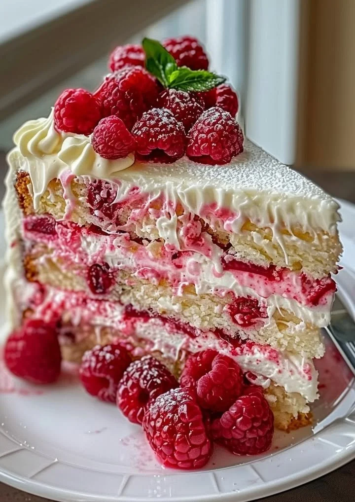 Raspberry Cream Cheese Layer Cake with fresh raspberries and cream cheese frosting