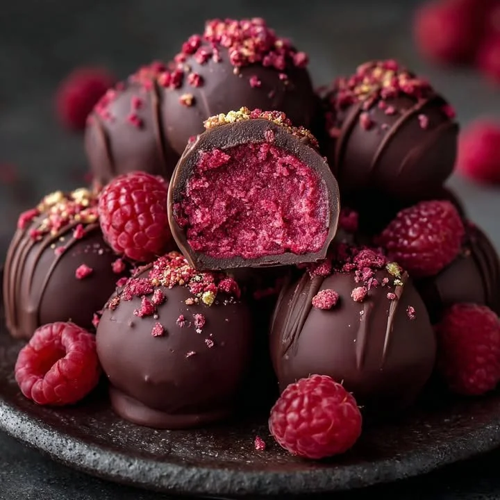 Decadent Raspberry Dark Chocolate Truffles on a decorative plate