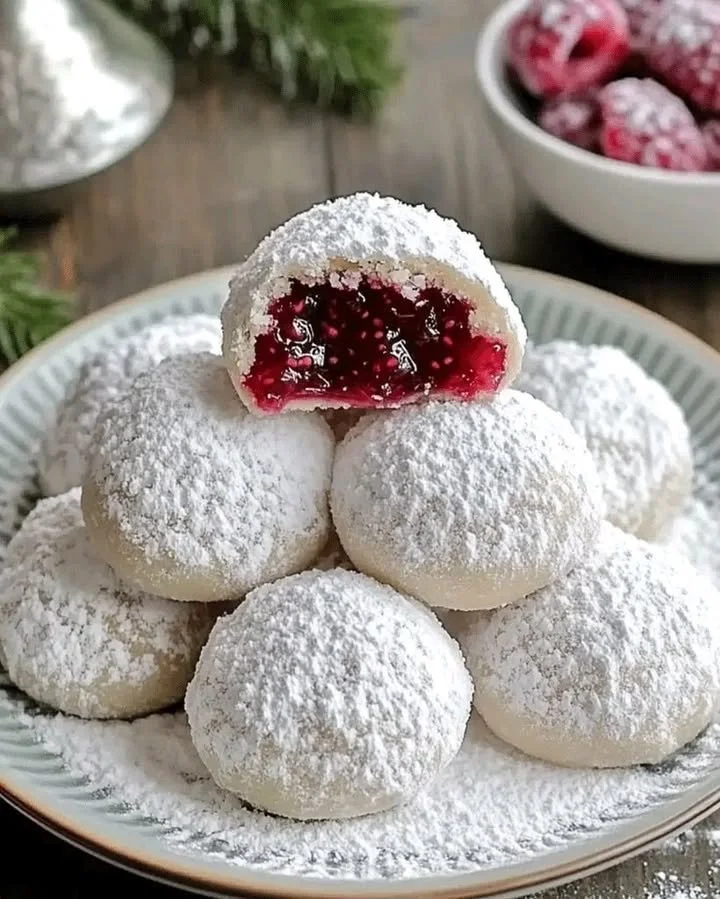 Raspberry-filled almond snow cookies dusted with powdered sugar