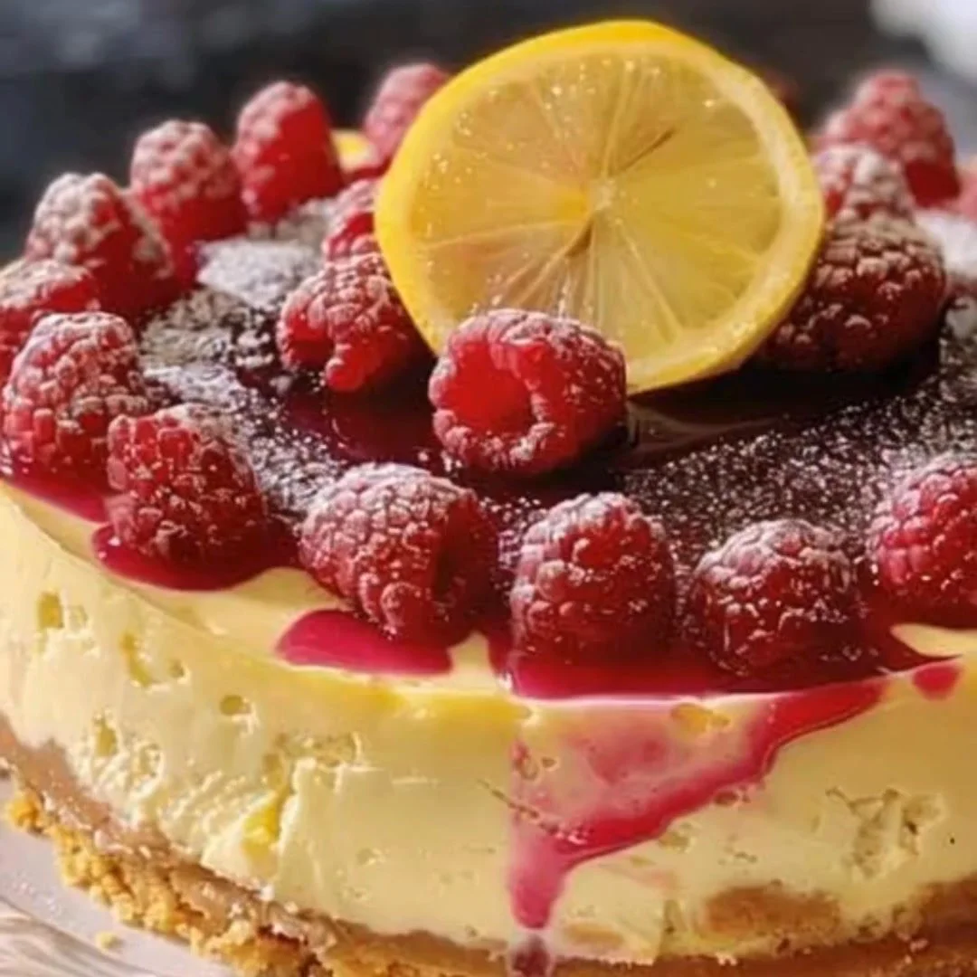 Slice of Raspberry White Chocolate Cheesecake garnished with fresh raspberries