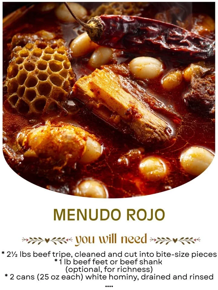 Bowl of Red Menudo soup with hominy and tripe, a traditional Mexican dish