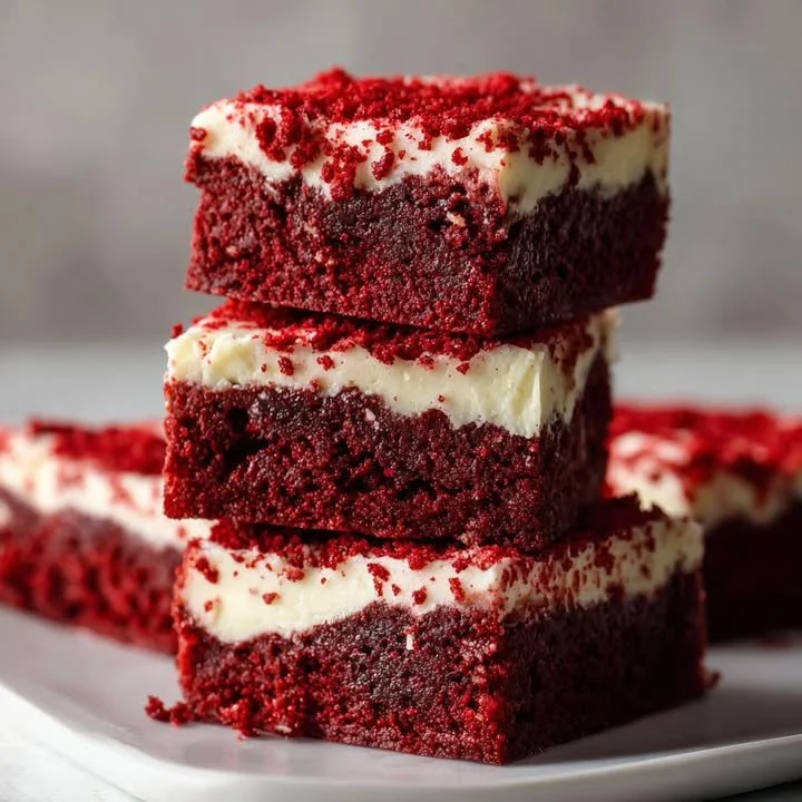 Delicious red velvet brownies with cream cheese frosting on a plate