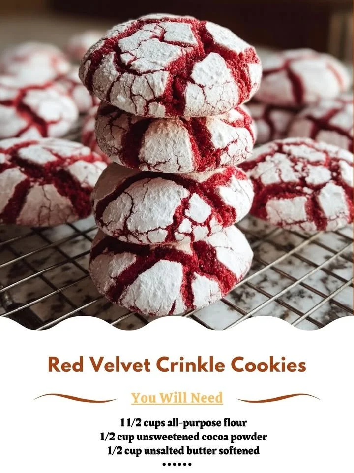Delicious Red Velvet Crinkle Cookies sprinkled with powdered sugar on a baking sheet.
