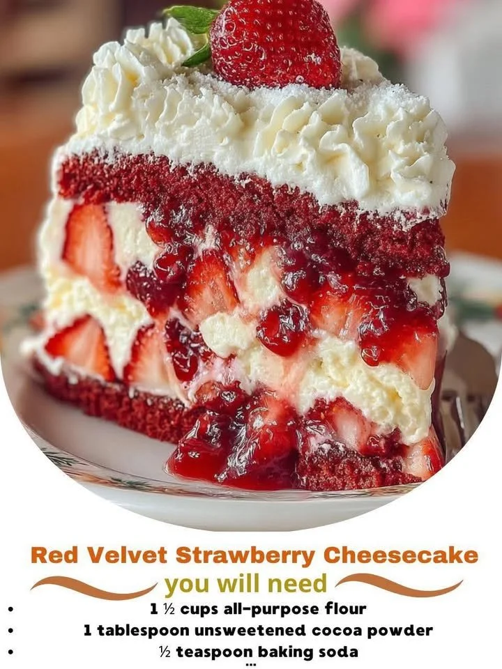 Red Velvet Strawberry Cheesecake with fresh strawberries and cream frosting
