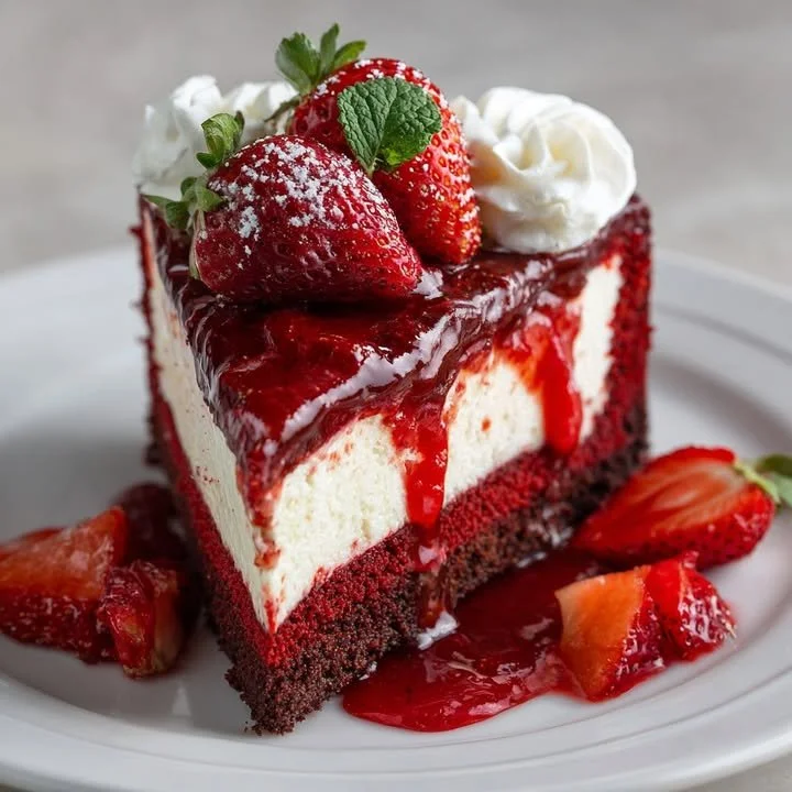 Slice of Red Velvet Strawberry Cheesecake topped with fresh strawberries and cream.