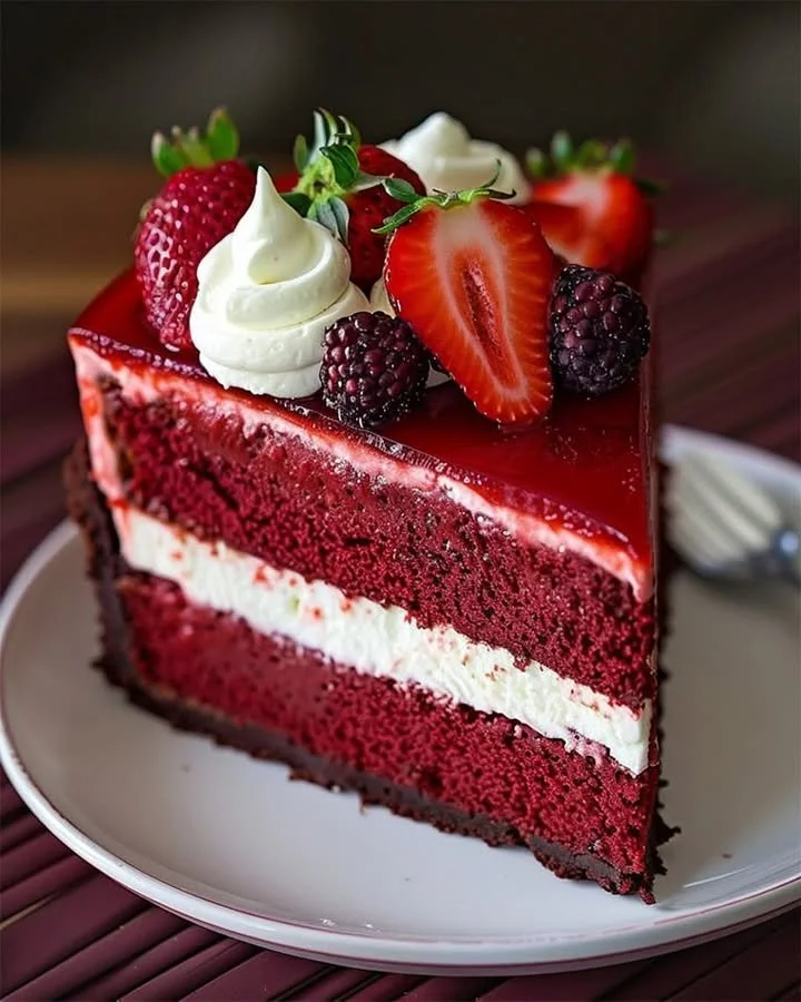 Red Velvet Strawberry Cheesecake topped with fresh strawberries.