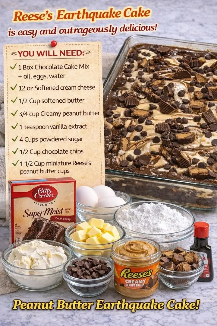 Delicious Reeses Earthquake Cake with chocolate and peanut butter layers