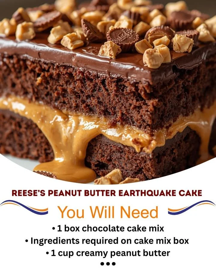 Reese's Peanut Butter Earthquake Cake with gooey chocolate and peanut butter layers