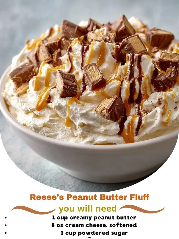 Delicious Reese's Peanut Butter Fluff dessert topped with chocolate and peanuts.