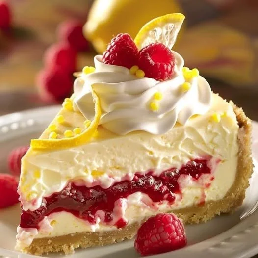 No-bake lemon raspberry cheesecake slices ready to serve