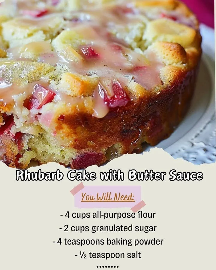 Slice of rhubarb cake drizzled with creamy butter sauce