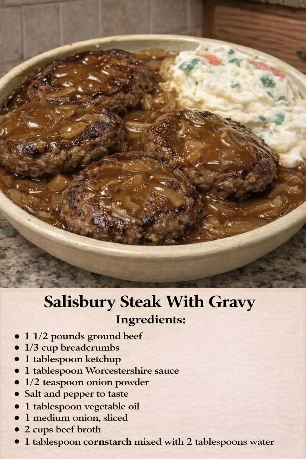 Plate of Salisbury steak with gravy and vegetables
